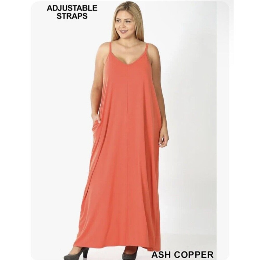 Zenana V Neck Long Maxi Dress Pockets Spaghetti Strap Beach Medium